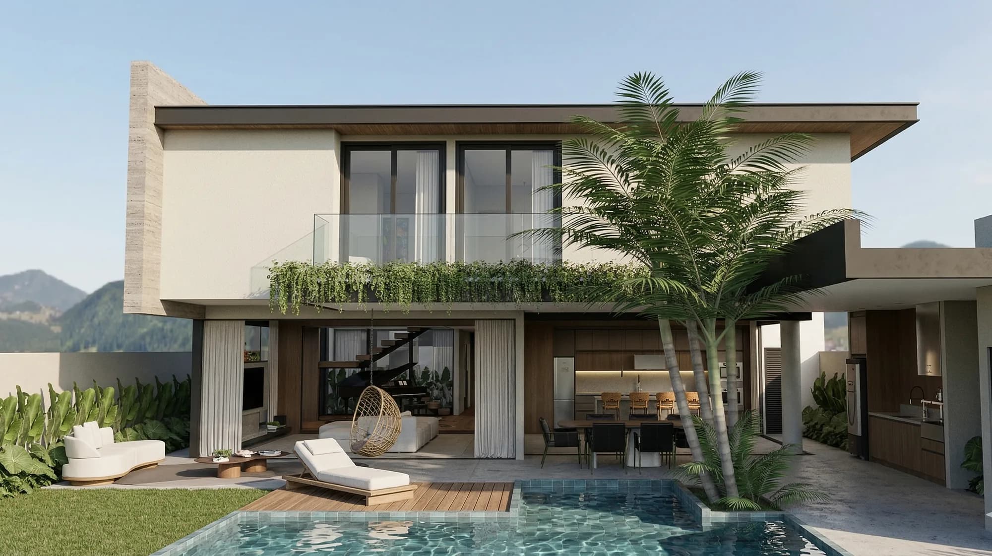 Fundos: living, cozinha e deck da piscina num ambiente só