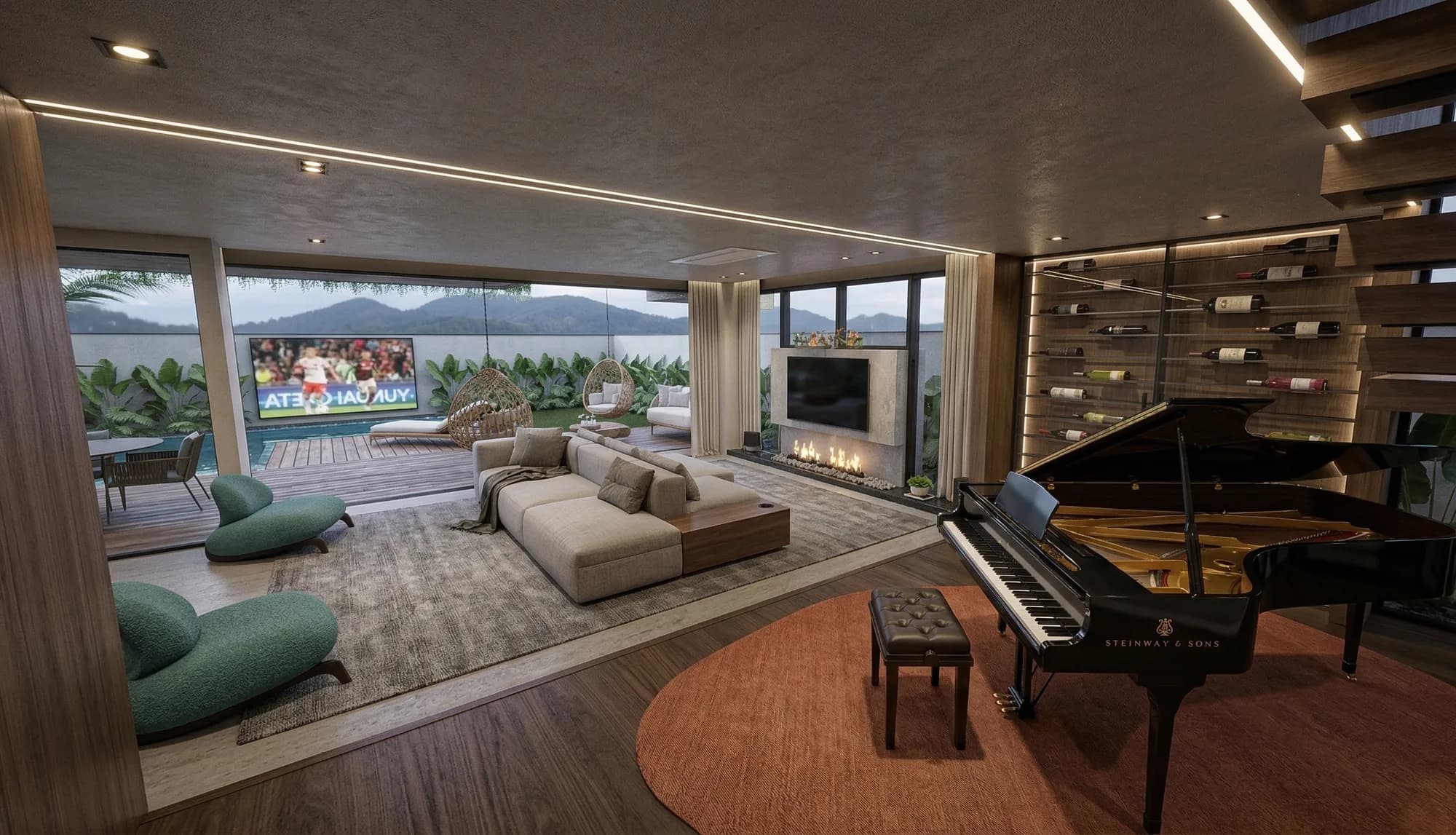 Living: lareira, adega e piano, abertos para a piscina