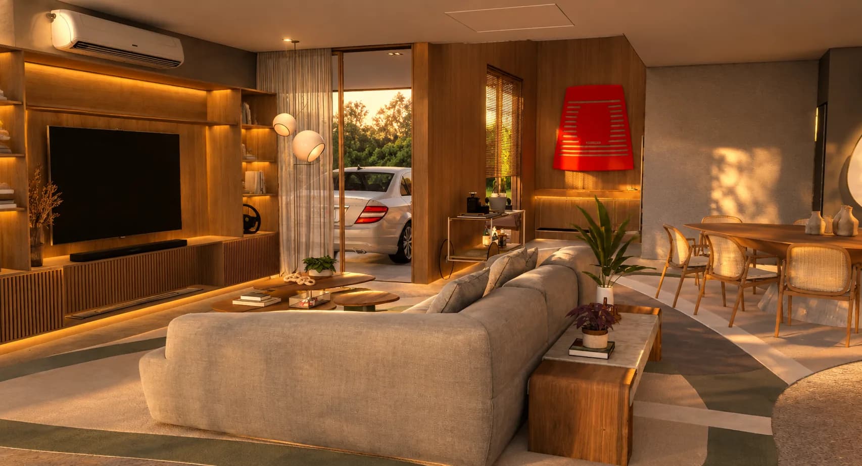 Living: painel de madeira com iluminação embutida e vista para a garagem