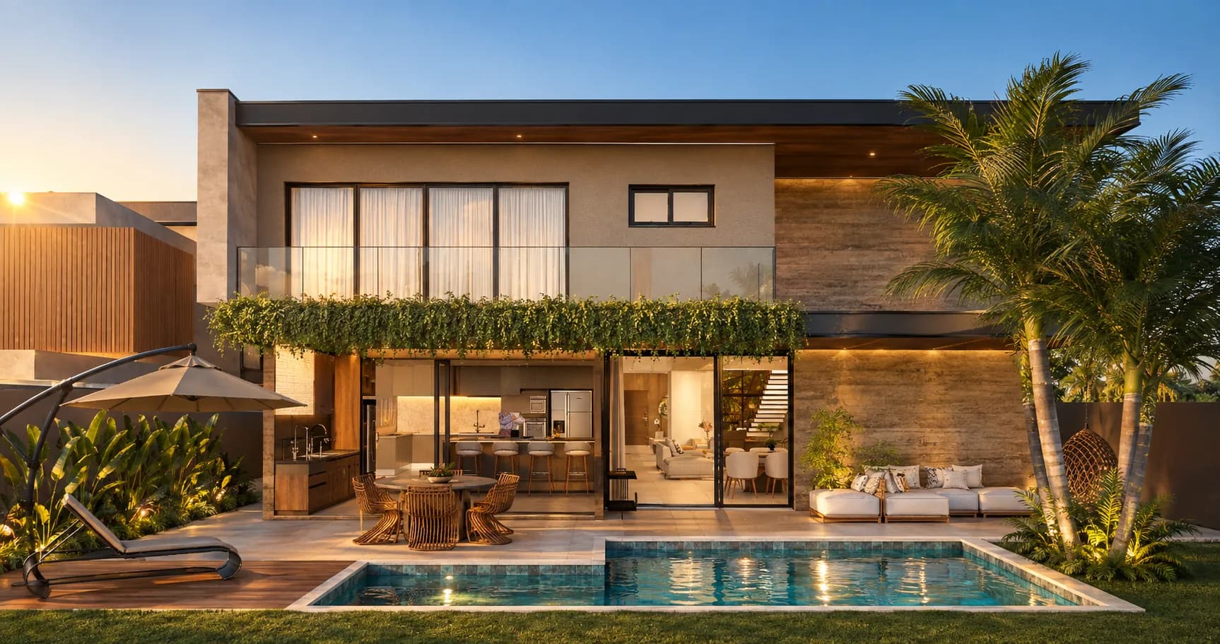 Fundos: gourmet, deck e piscina, com a jardineira suspensa no balcão