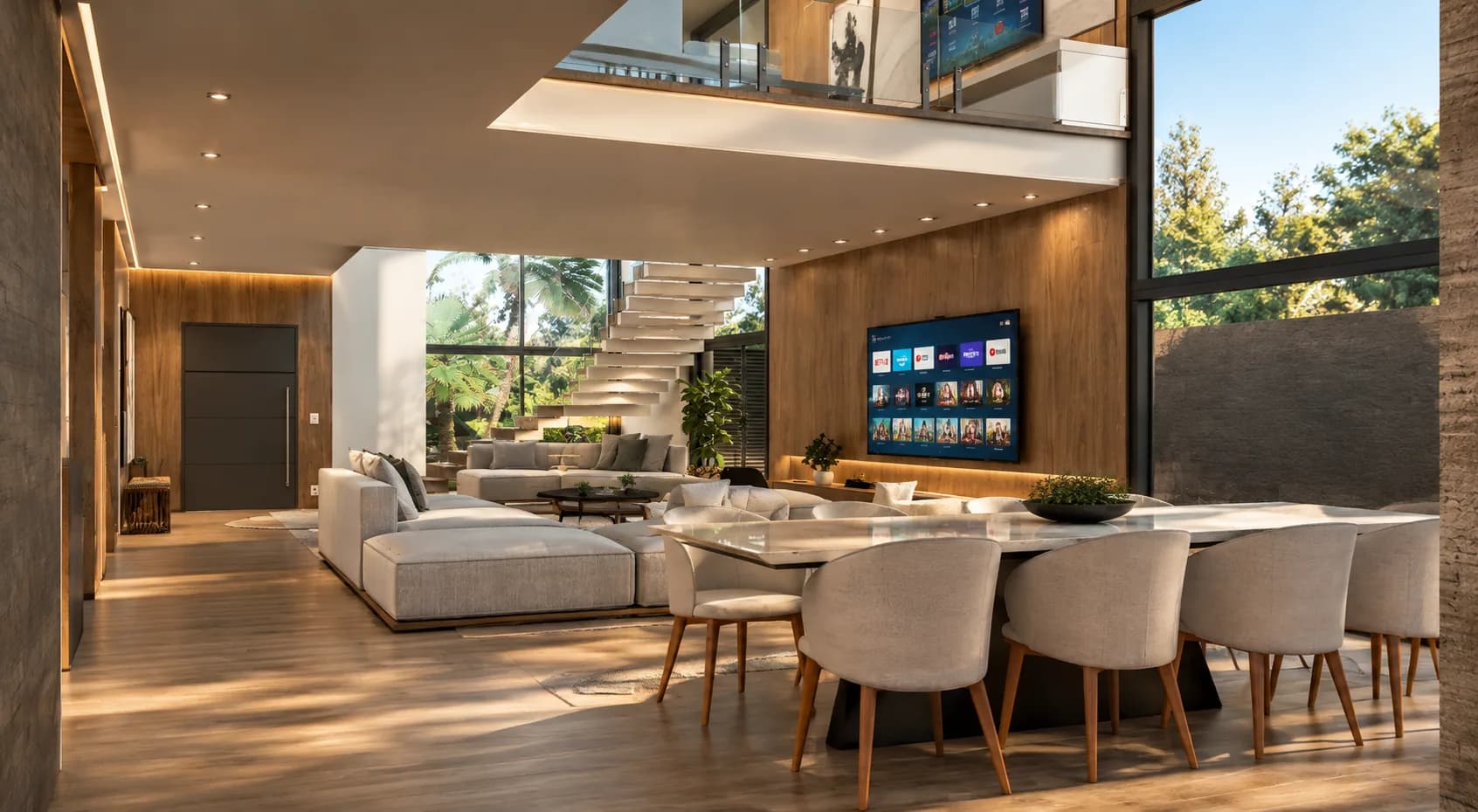 Living com pé-direito duplo, escada flutuante e jantar integrado